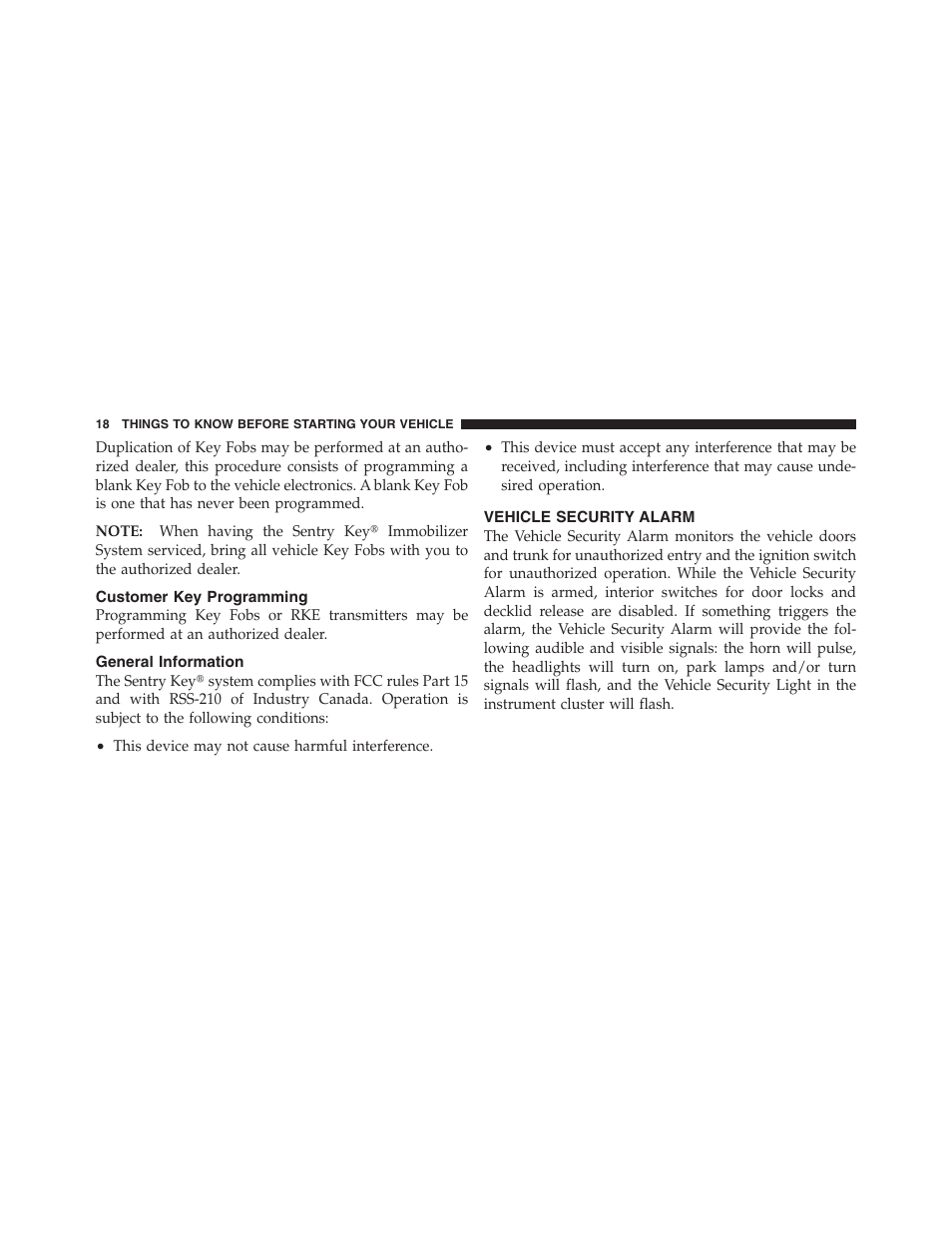 Customer key programming, General information, Vehicle security alarm | Dodge 2012 Challenger SRT8 User Manual | Page 20 / 471