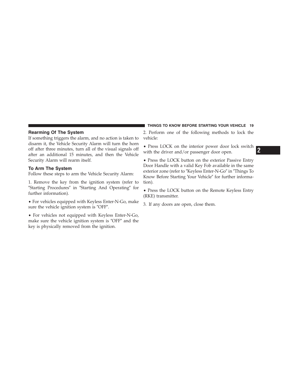 Rearming of the system, To arm the system | Dodge 2012 Challenger SRT8 User Manual | Page 21 / 471