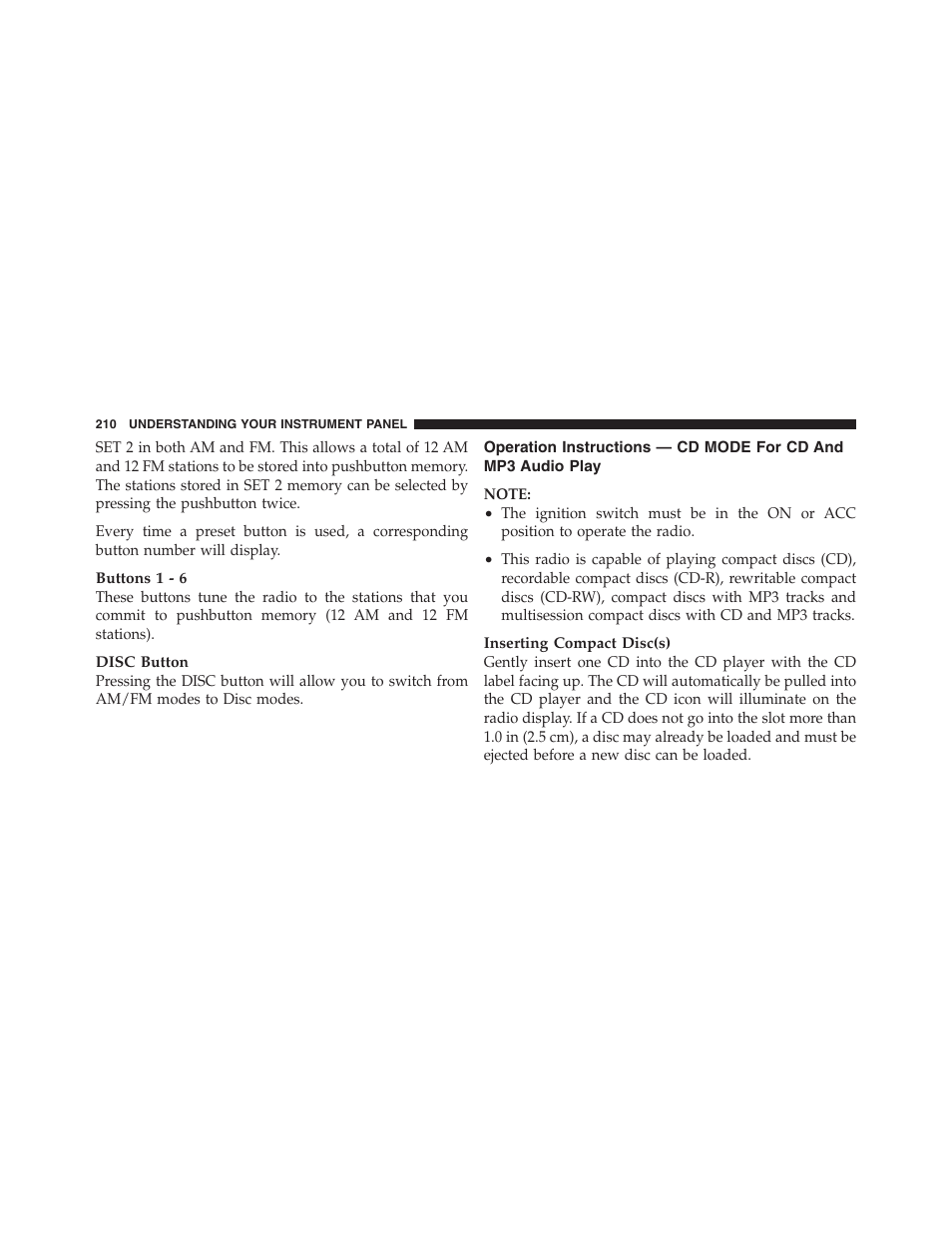 Operation instructions — cd mode for cd, And mp3 audio play | Dodge 2012 Challenger SRT8 User Manual | Page 212 / 471