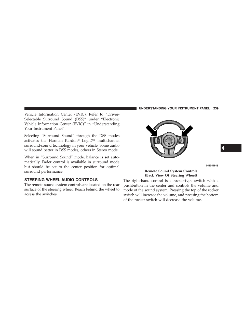 Steering wheel audio controls | Dodge 2012 Challenger SRT8 User Manual | Page 241 / 471