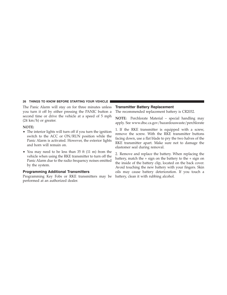 Programming additional transmitters, Transmitter battery replacement | Dodge 2012 Challenger SRT8 User Manual | Page 28 / 471