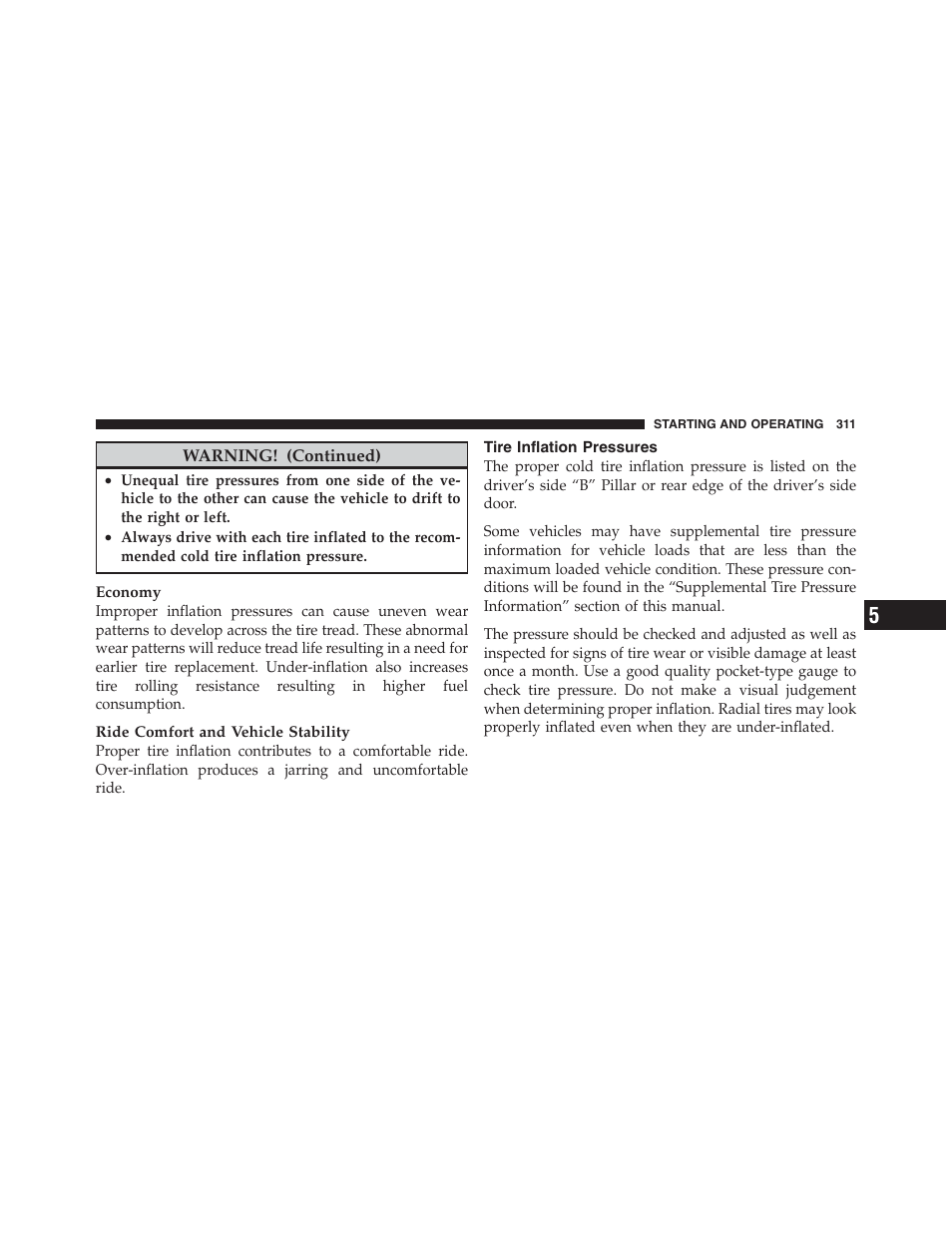 Tire inflation pressures | Dodge 2012 Challenger SRT8 User Manual | Page 313 / 471