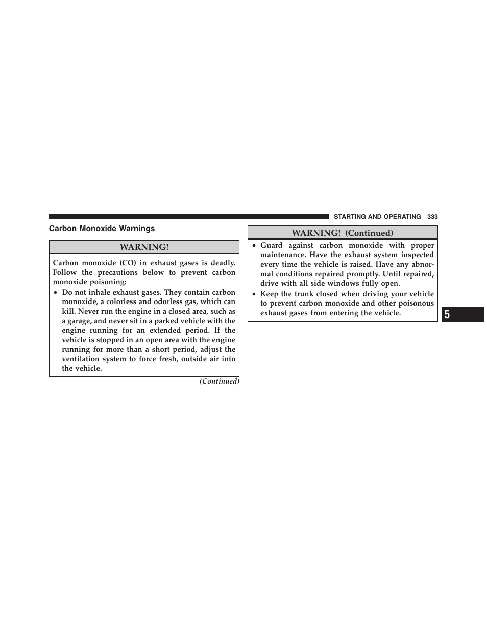 Carbon monoxide warnings | Dodge 2012 Challenger SRT8 User Manual | Page 335 / 471