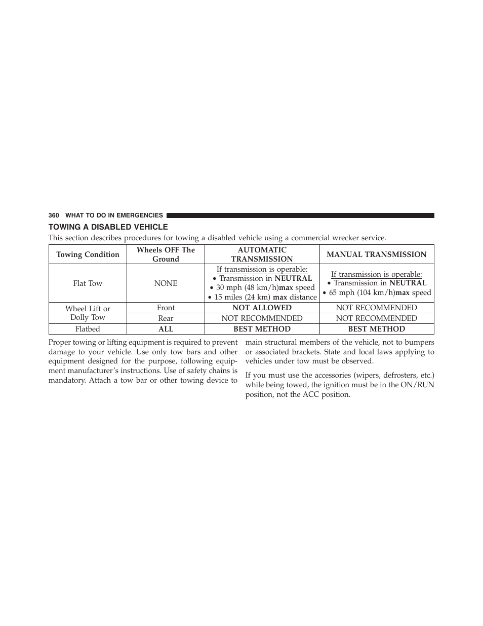 Towing a disabled vehicle | Dodge 2012 Challenger SRT8 User Manual | Page 362 / 471