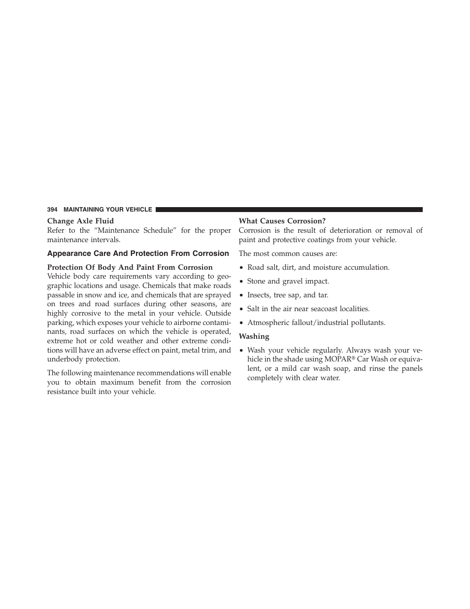 Appearance care and protection from corrosion, Appearance care and protection from, Corrosion | Dodge 2012 Challenger SRT8 User Manual | Page 396 / 471