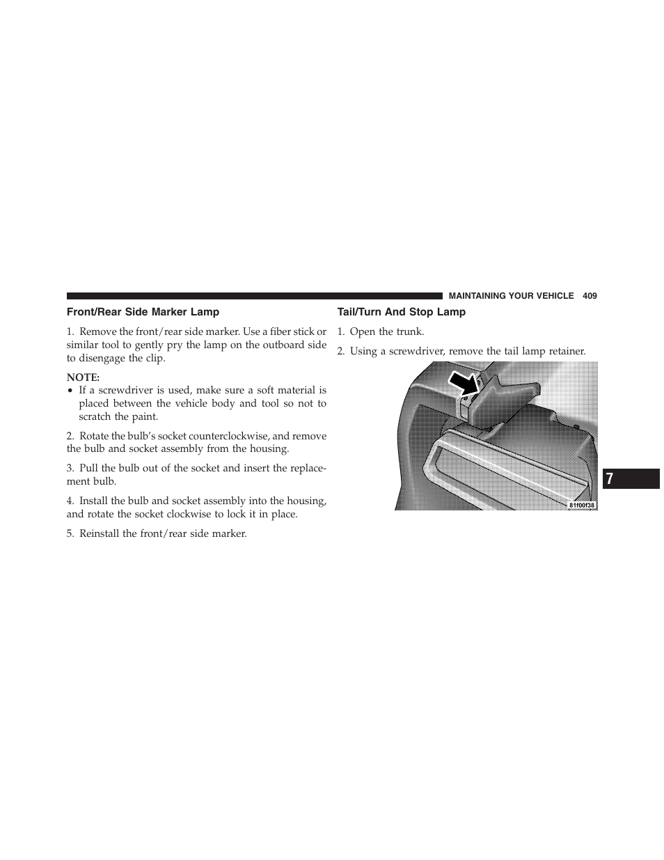 Front/rear side marker lamp, Tail/turn and stop lamp | Dodge 2012 Challenger SRT8 User Manual | Page 411 / 471