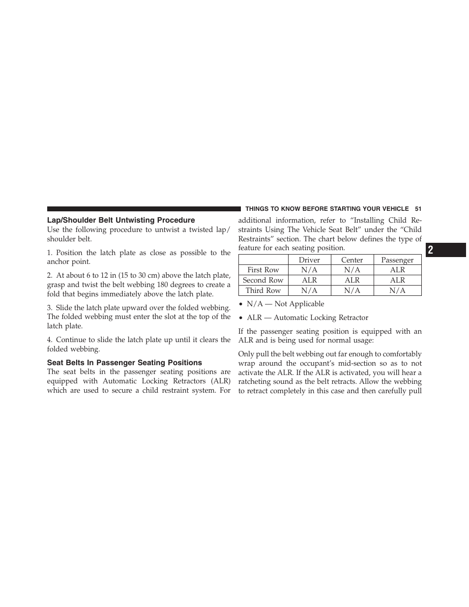 Lap/shoulder belt untwisting procedure, Seat belts in passenger seating positions | Dodge 2012 Challenger SRT8 User Manual | Page 53 / 471