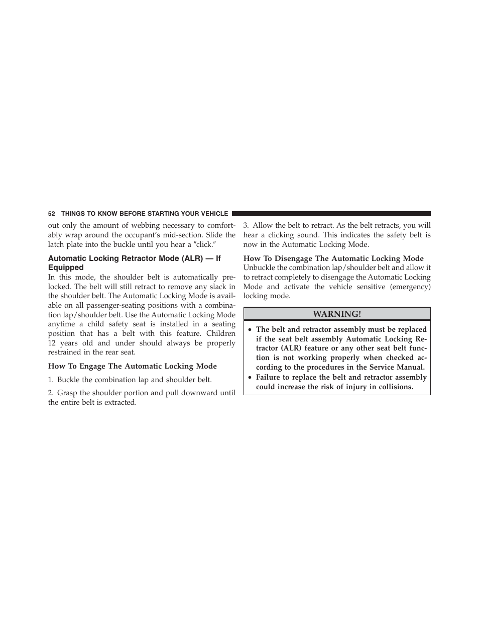 Automatic locking retractor mode (alr), If equipped | Dodge 2012 Challenger SRT8 User Manual | Page 54 / 471