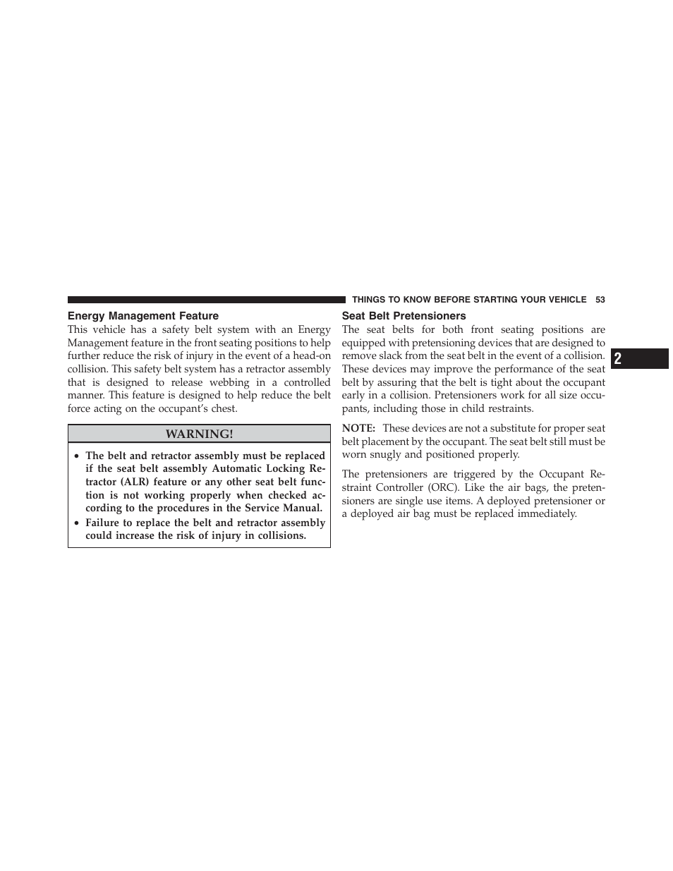 Energy management feature, Seat belt pretensioners | Dodge 2012 Challenger SRT8 User Manual | Page 55 / 471