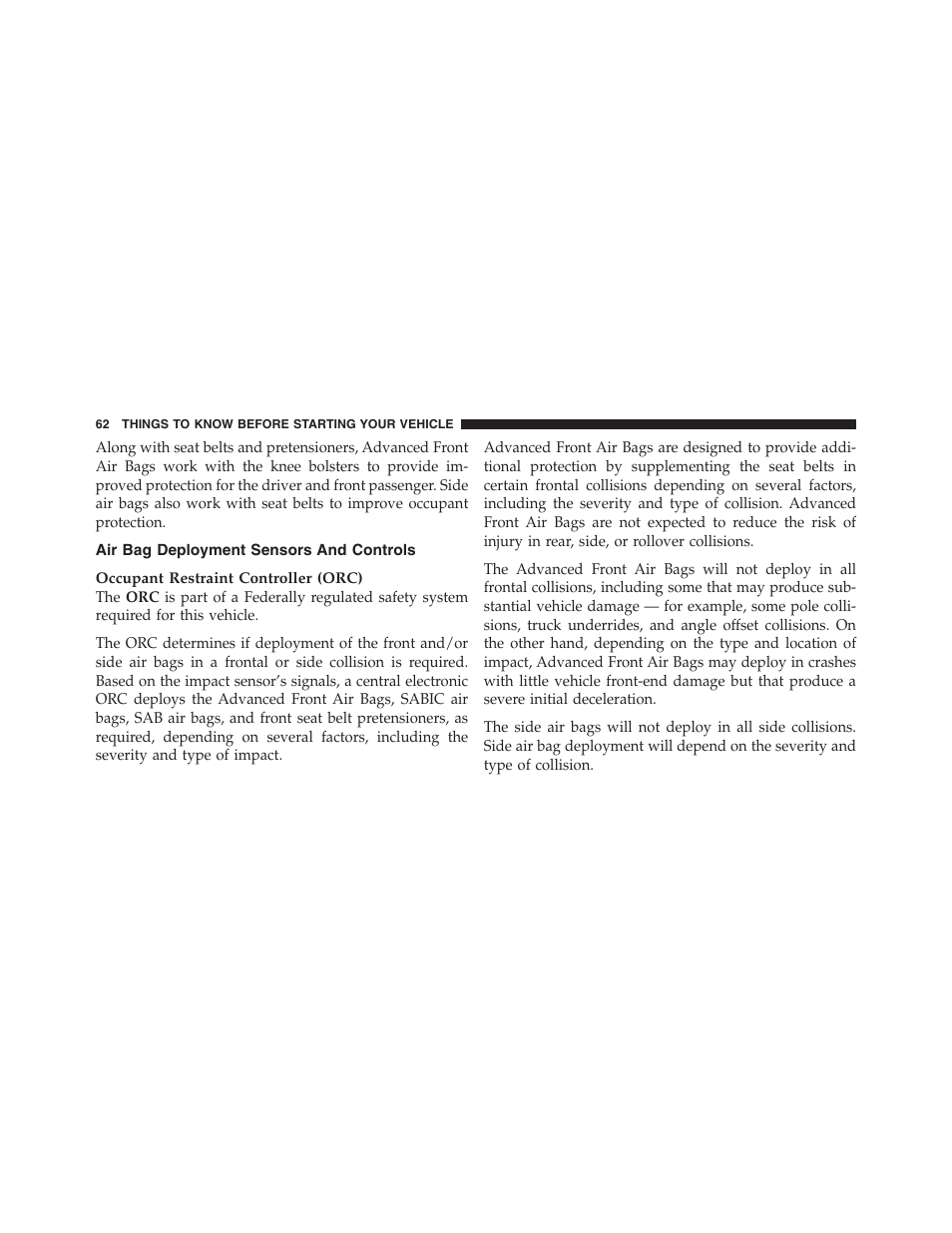 Air bag deployment sensors and controls | Dodge 2012 Challenger SRT8 User Manual | Page 64 / 471