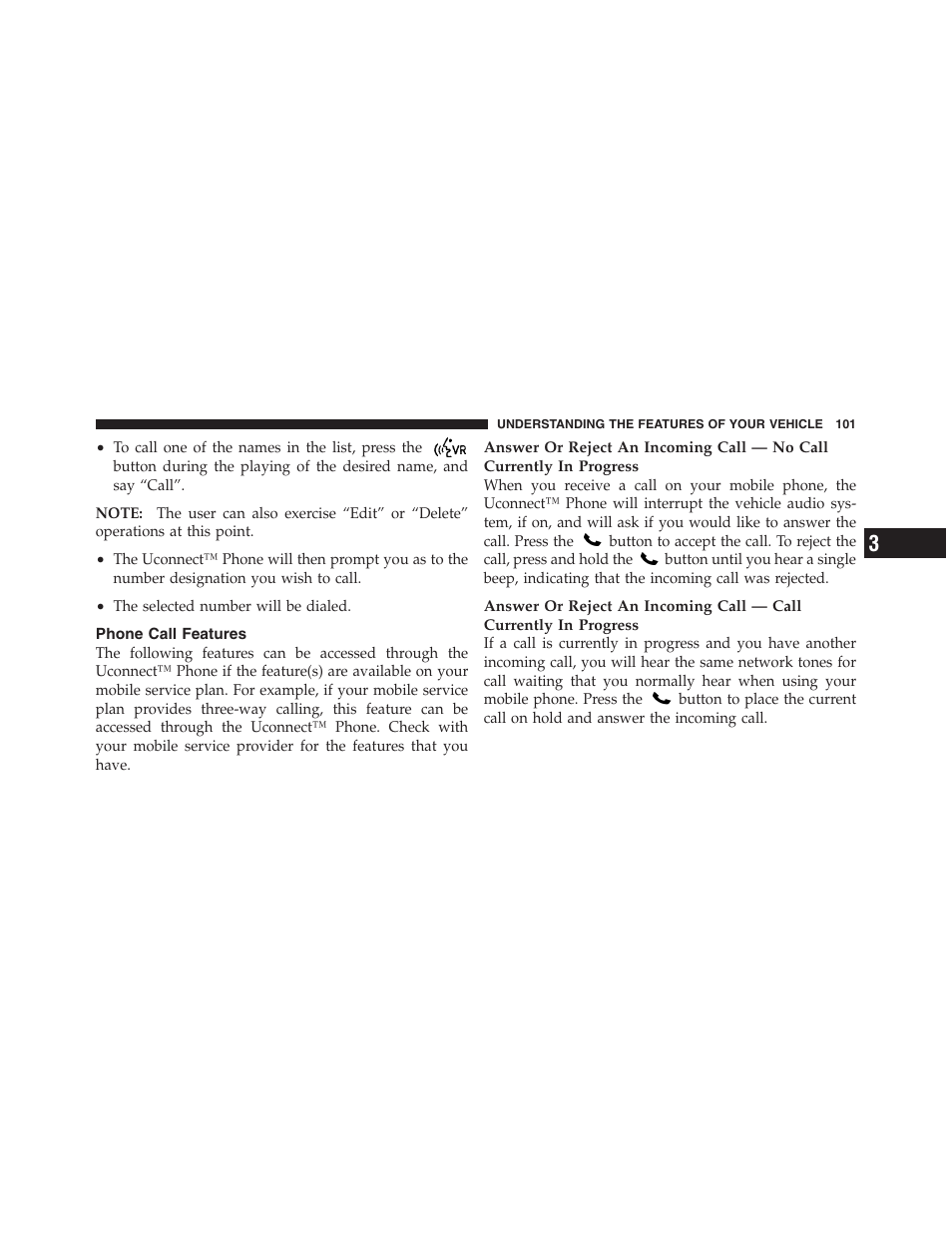 Phone call features | Dodge 2012 Challenger User Manual | Page 103 / 494