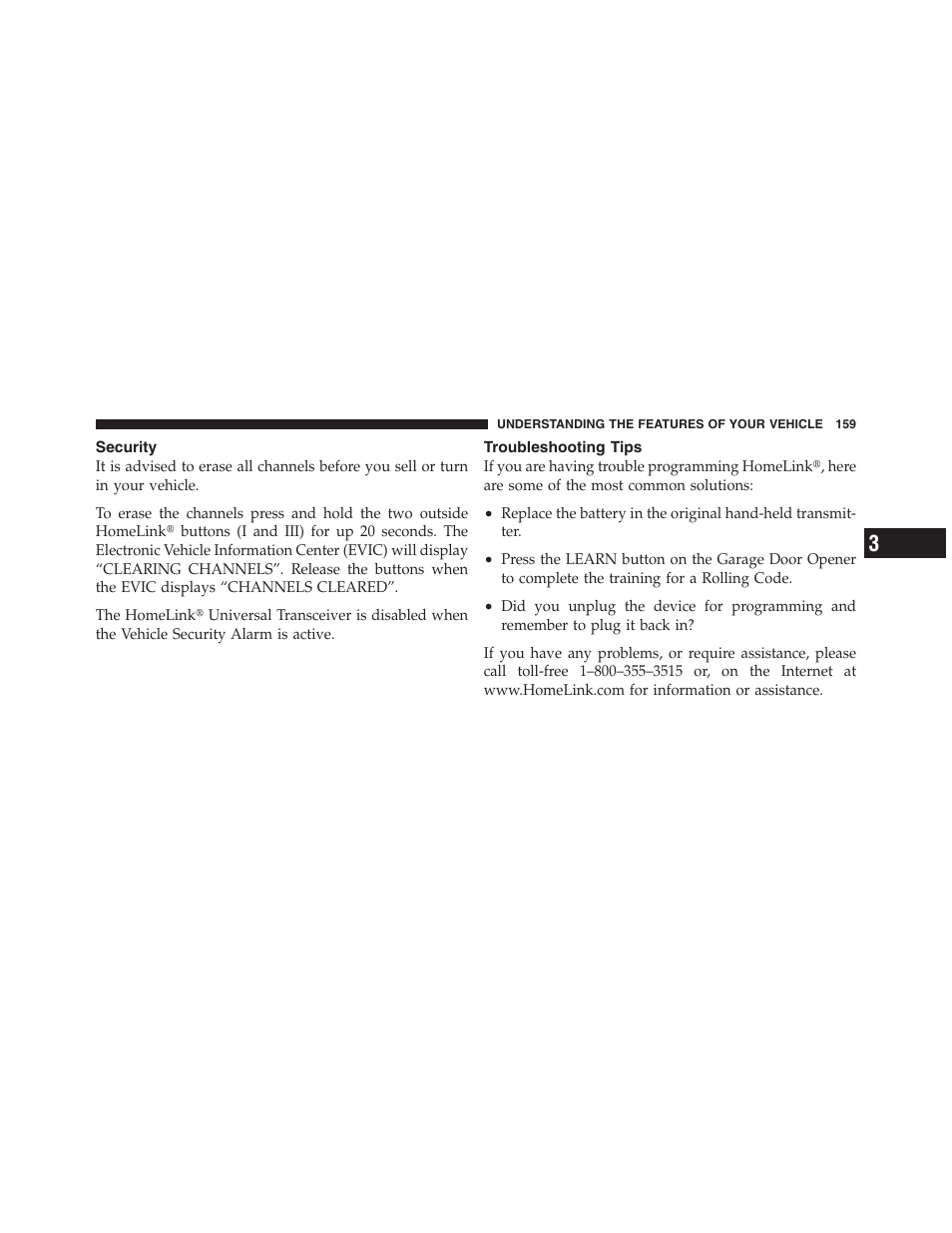 Security, Troubleshooting tips | Dodge 2012 Challenger User Manual | Page 161 / 494