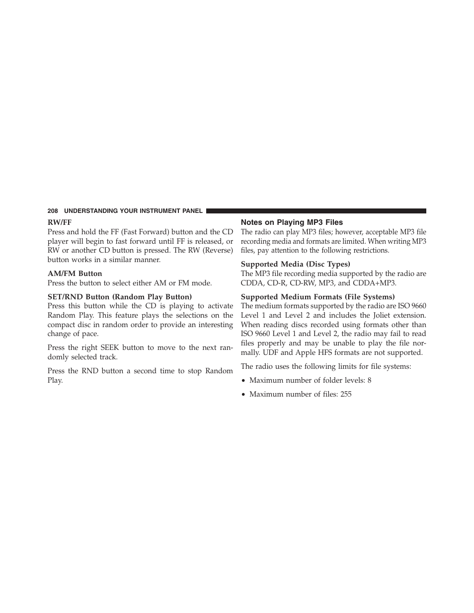 Notes on playing mp3 files | Dodge 2012 Challenger User Manual | Page 210 / 494