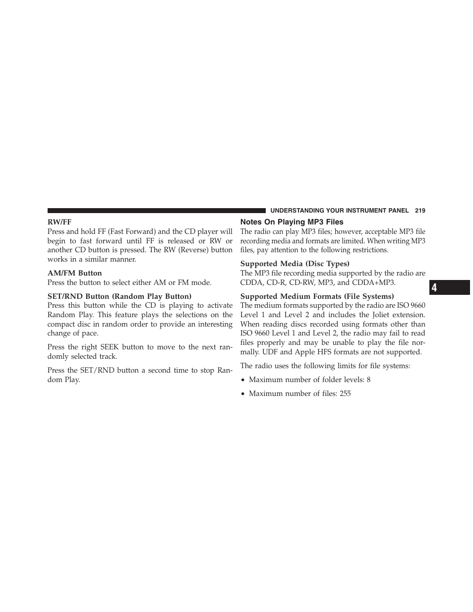 Notes on playing mp3 files | Dodge 2012 Challenger User Manual | Page 221 / 494