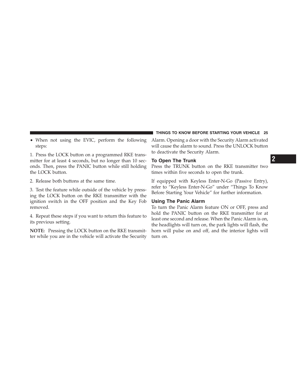 To open the trunk, Using the panic alarm | Dodge 2012 Challenger User Manual | Page 27 / 494