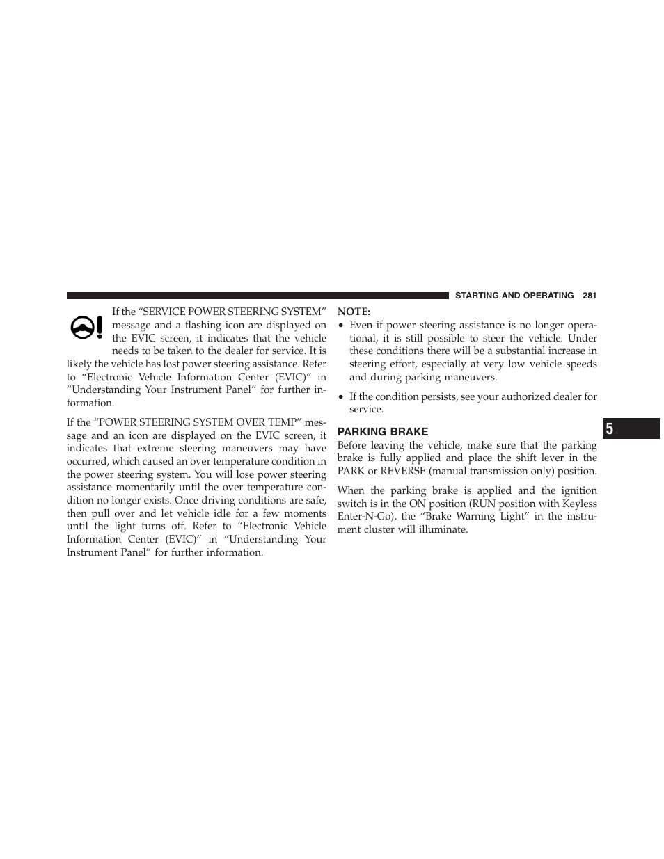 Parking brake | Dodge 2012 Challenger User Manual | Page 283 / 494