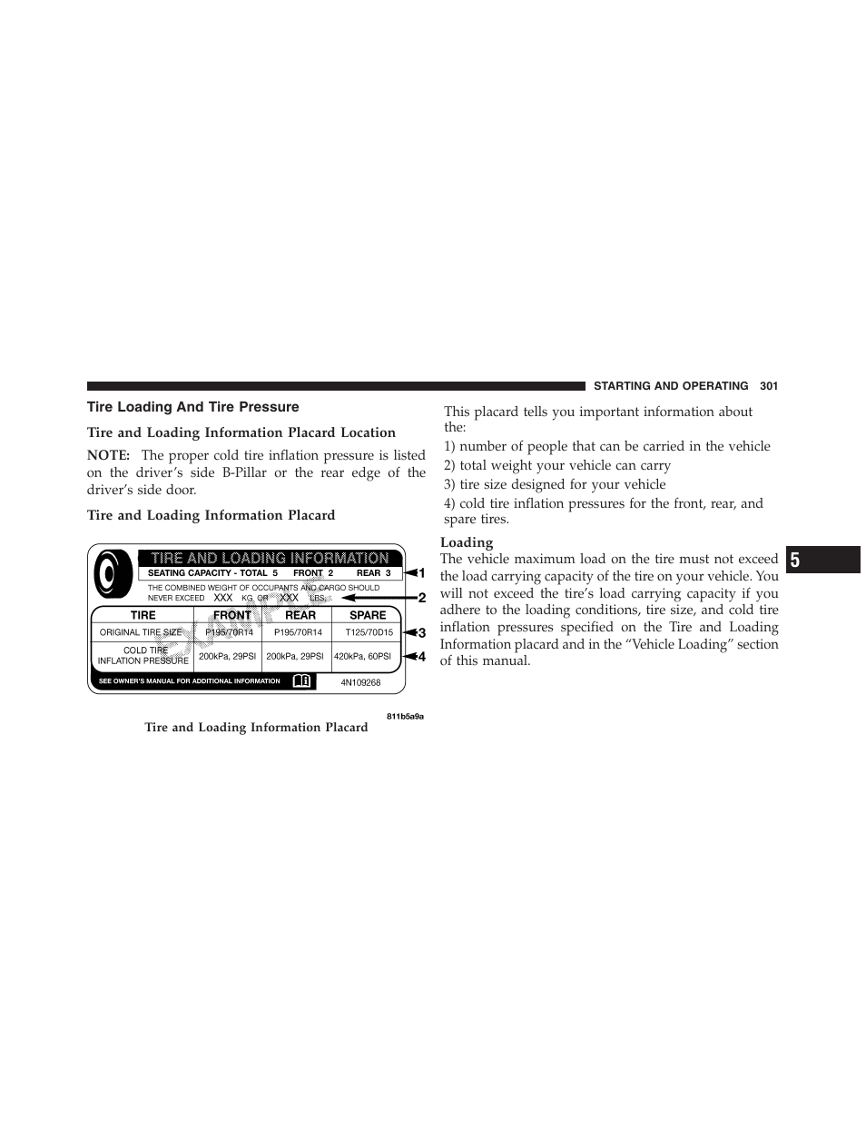 Tire loading and tire pressure | Dodge 2012 Challenger User Manual | Page 303 / 494