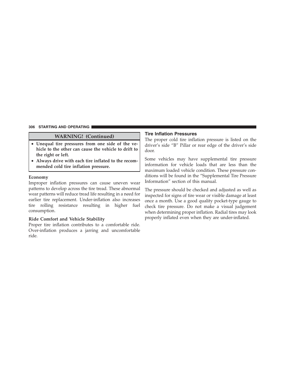 Tire inflation pressures | Dodge 2012 Challenger User Manual | Page 308 / 494