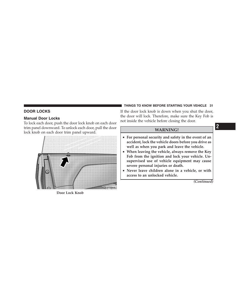 Door locks, Manual door locks | Dodge 2012 Challenger User Manual | Page 33 / 494