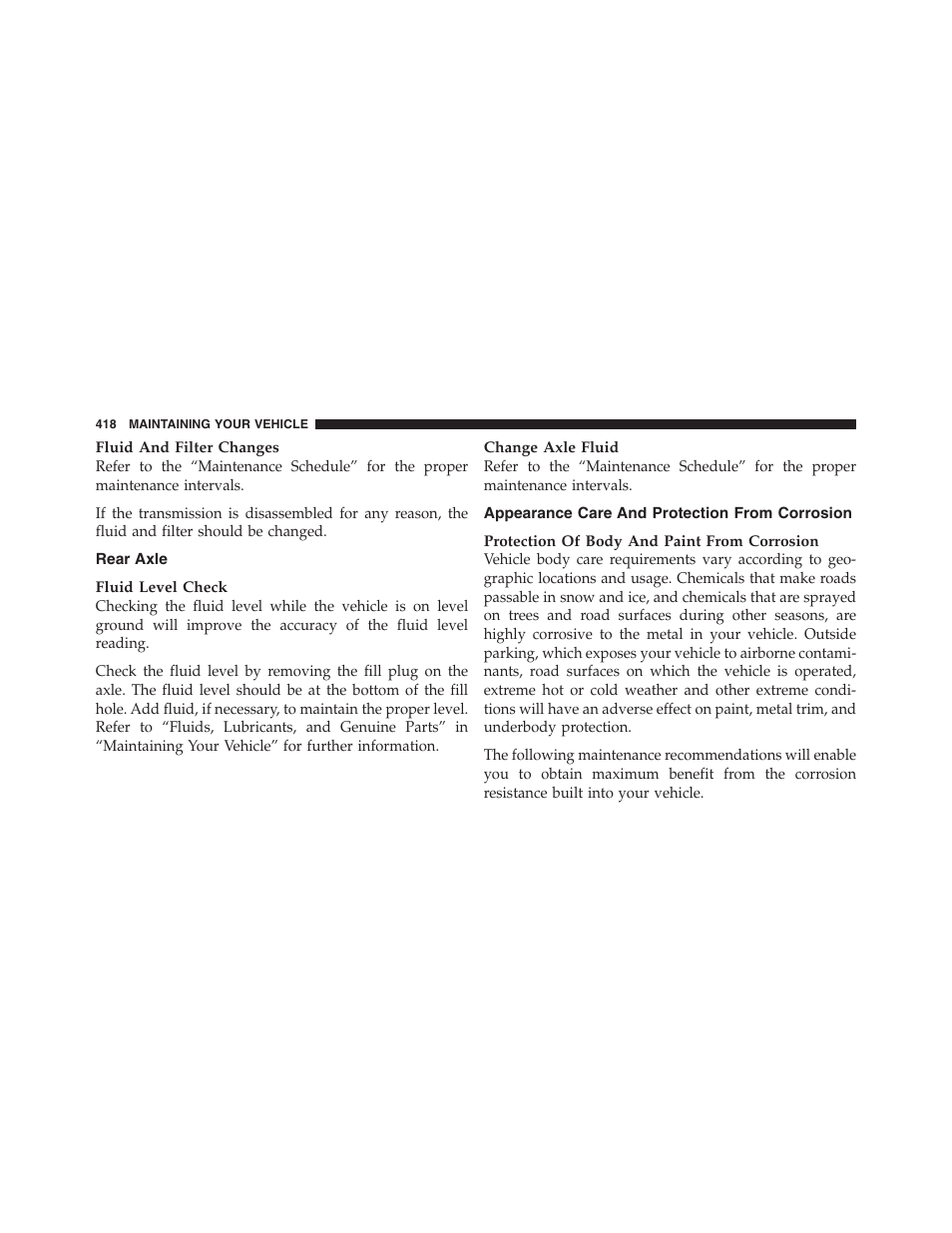 Rear axle, Appearance care and protection from corrosion, Appearance care and protection from | Corrosion | Dodge 2012 Challenger User Manual | Page 420 / 494