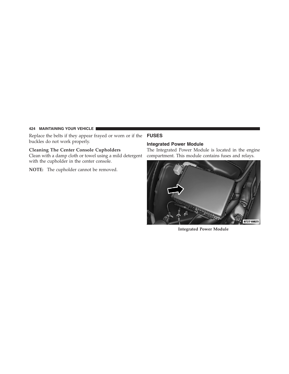 Fuses, Integrated power module | Dodge 2012 Challenger User Manual | Page 426 / 494