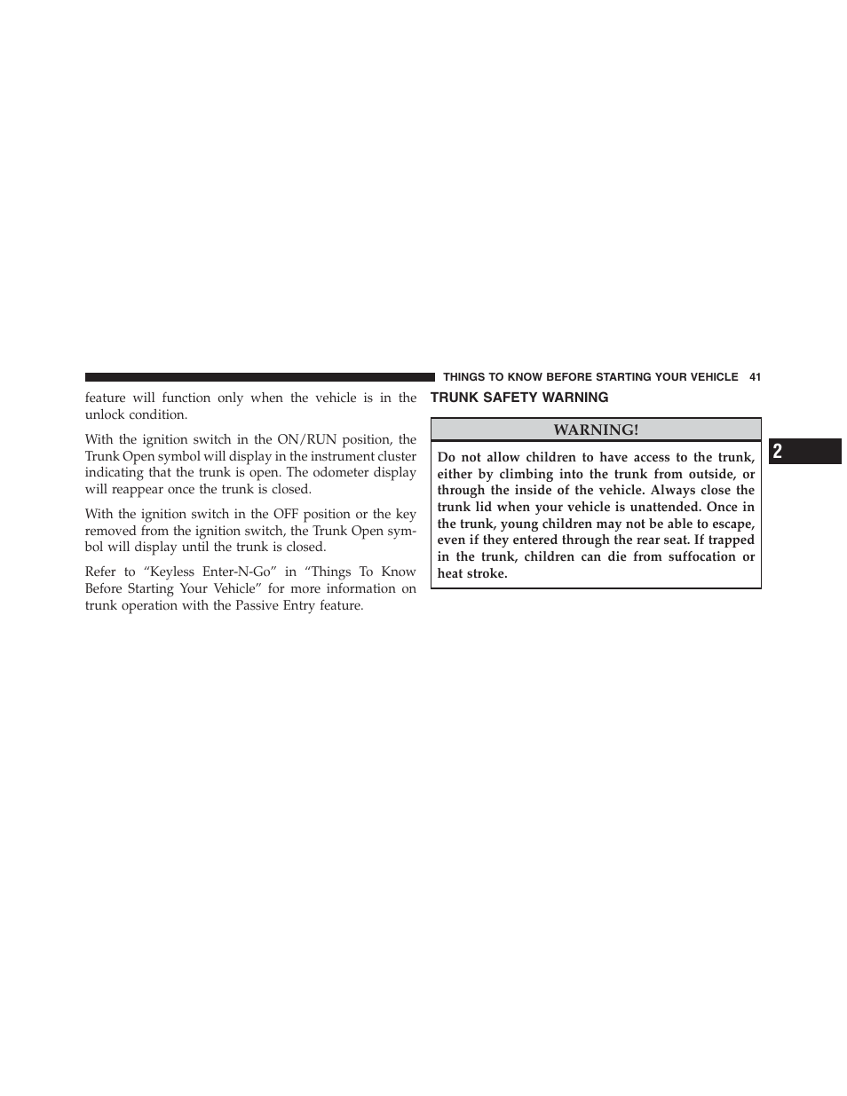 Trunk safety warning | Dodge 2012 Challenger User Manual | Page 43 / 494