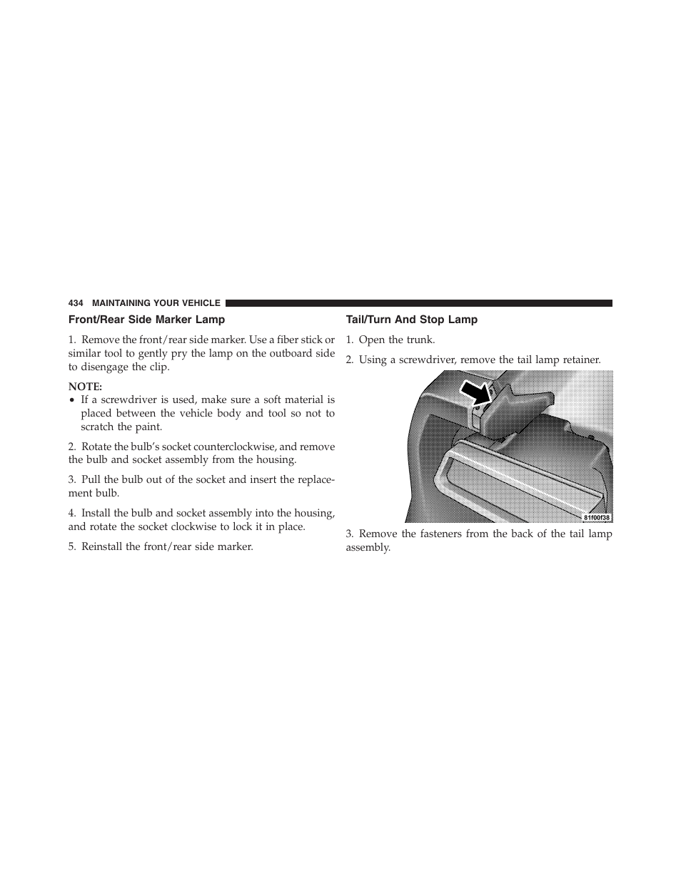 Front/rear side marker lamp, Tail/turn and stop lamp | Dodge 2012 Challenger User Manual | Page 436 / 494