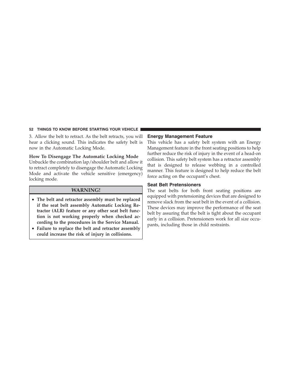 Energy management feature, Seat belt pretensioners | Dodge 2012 Challenger User Manual | Page 54 / 494