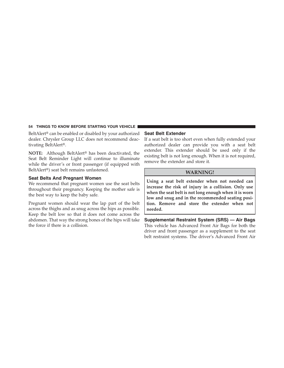 Seat belts and pregnant women, Seat belt extender, Supplemental restraint system (srs) — air bags | Supplemental restraint system (srs) — air, Bags | Dodge 2012 Challenger User Manual | Page 56 / 494