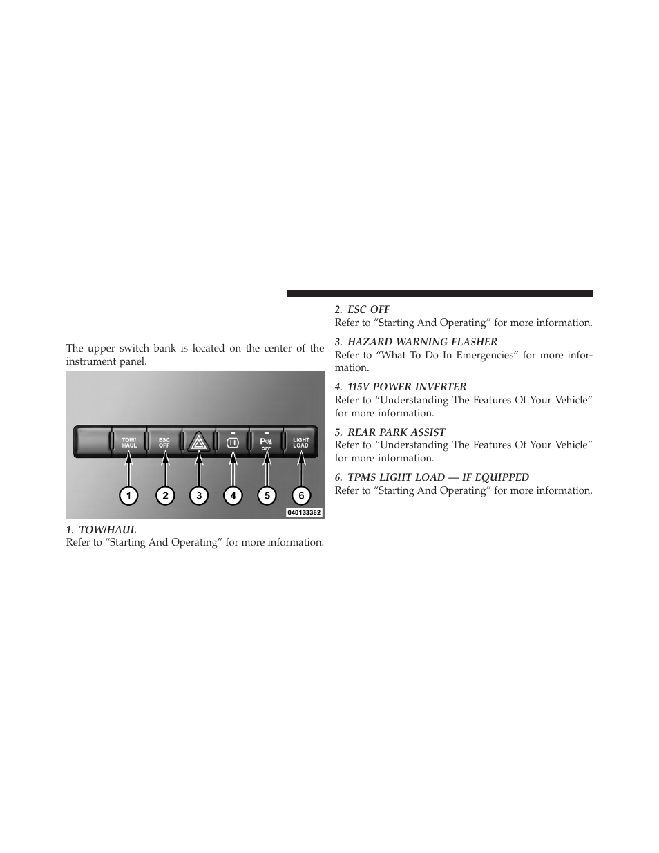 Switch bank button description, Upper switch bank | Dodge 2011 Ram User Manual | Page 208 / 636