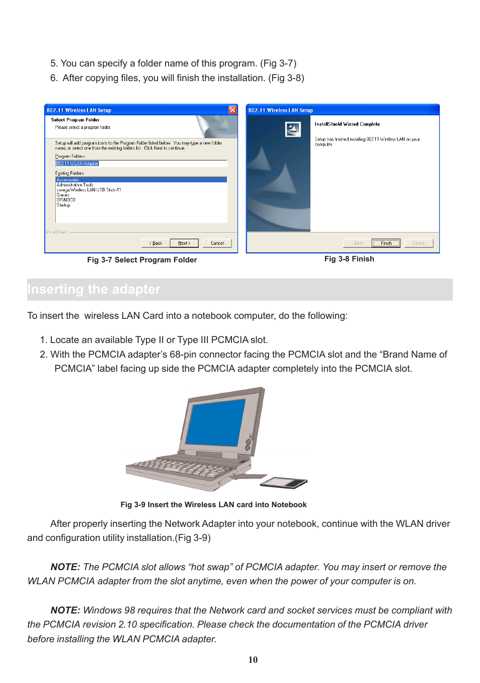 Inserting the adapter | Boca Research Wireless LAN PC Card 11Mbps User Manual | Page 11 / 30