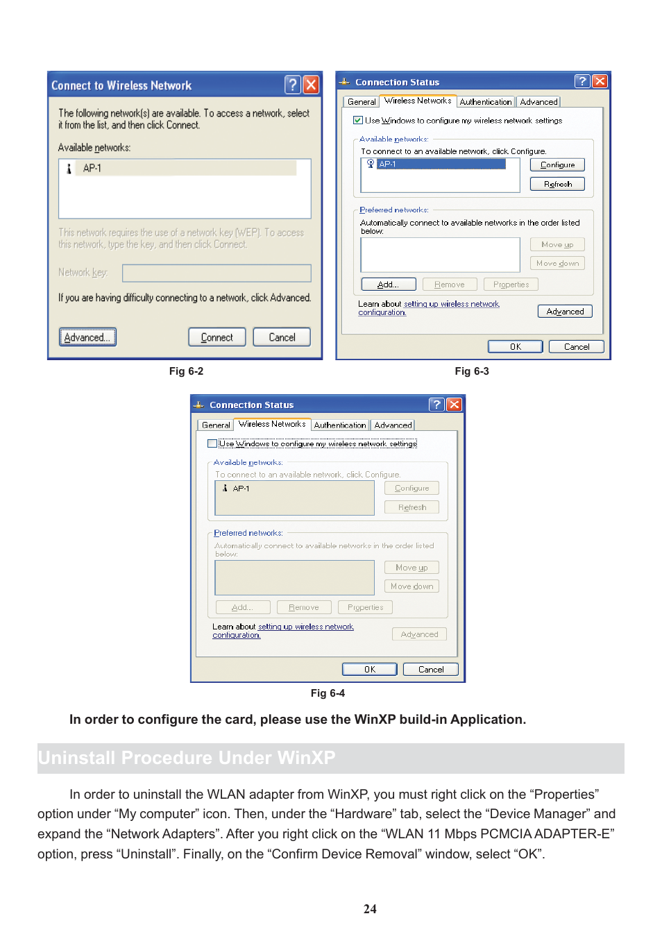 Uninstall procedure under winxp | Boca Research Wireless LAN PC Card 11Mbps User Manual | Page 25 / 30