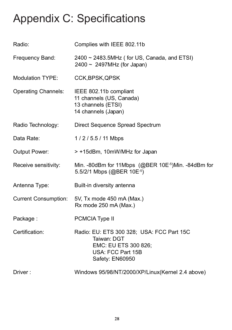 Appendix c: specifications | Boca Research Wireless LAN PC Card 11Mbps User Manual | Page 29 / 30