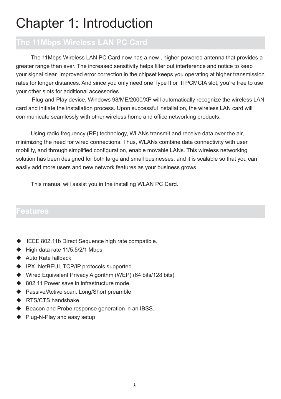 Chapter 1: introduction | Boca Research Wireless LAN PC Card 11Mbps User Manual | Page 4 / 30