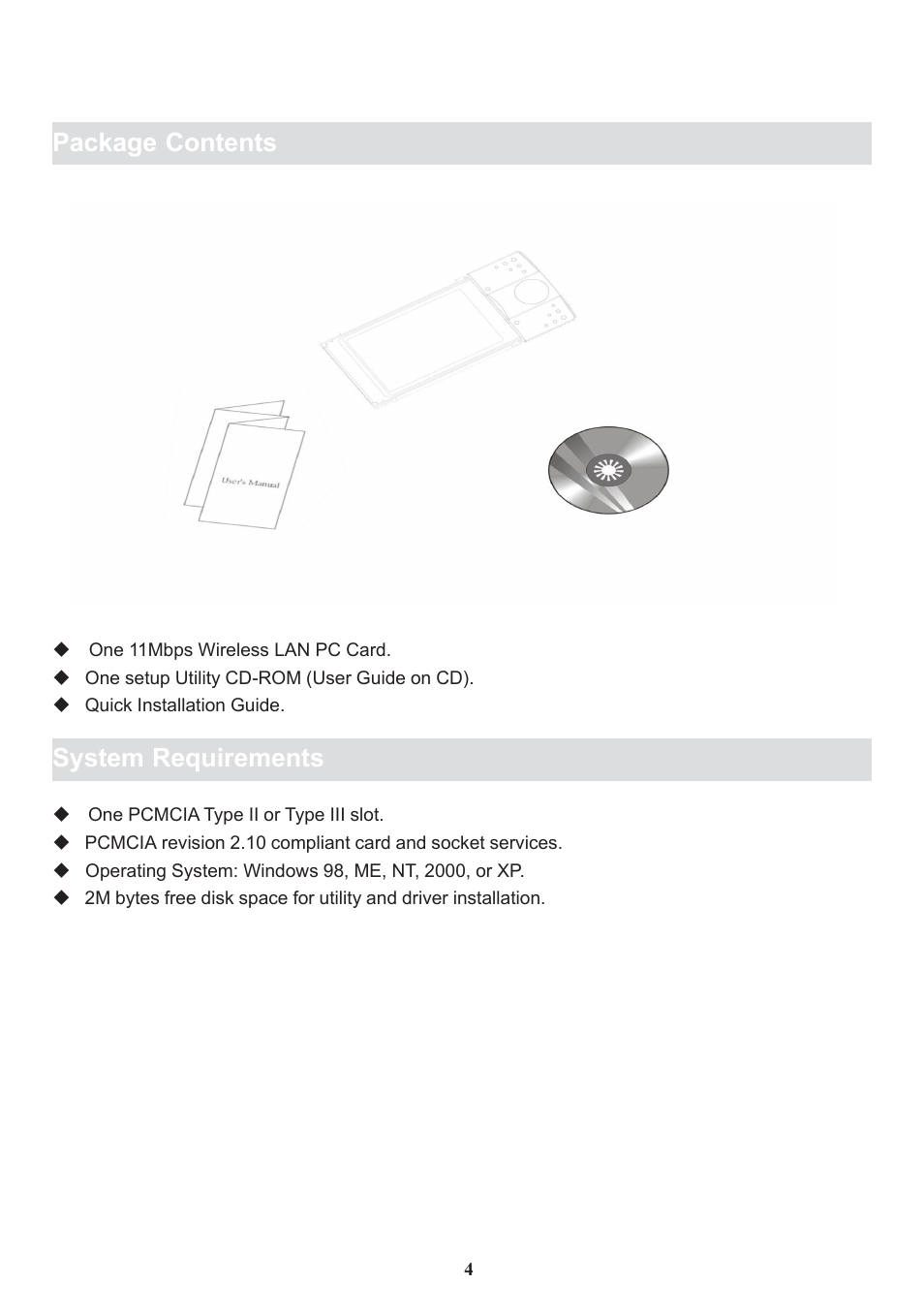 Package contents, System requirements | Boca Research Wireless LAN PC Card 11Mbps User Manual | Page 5 / 30