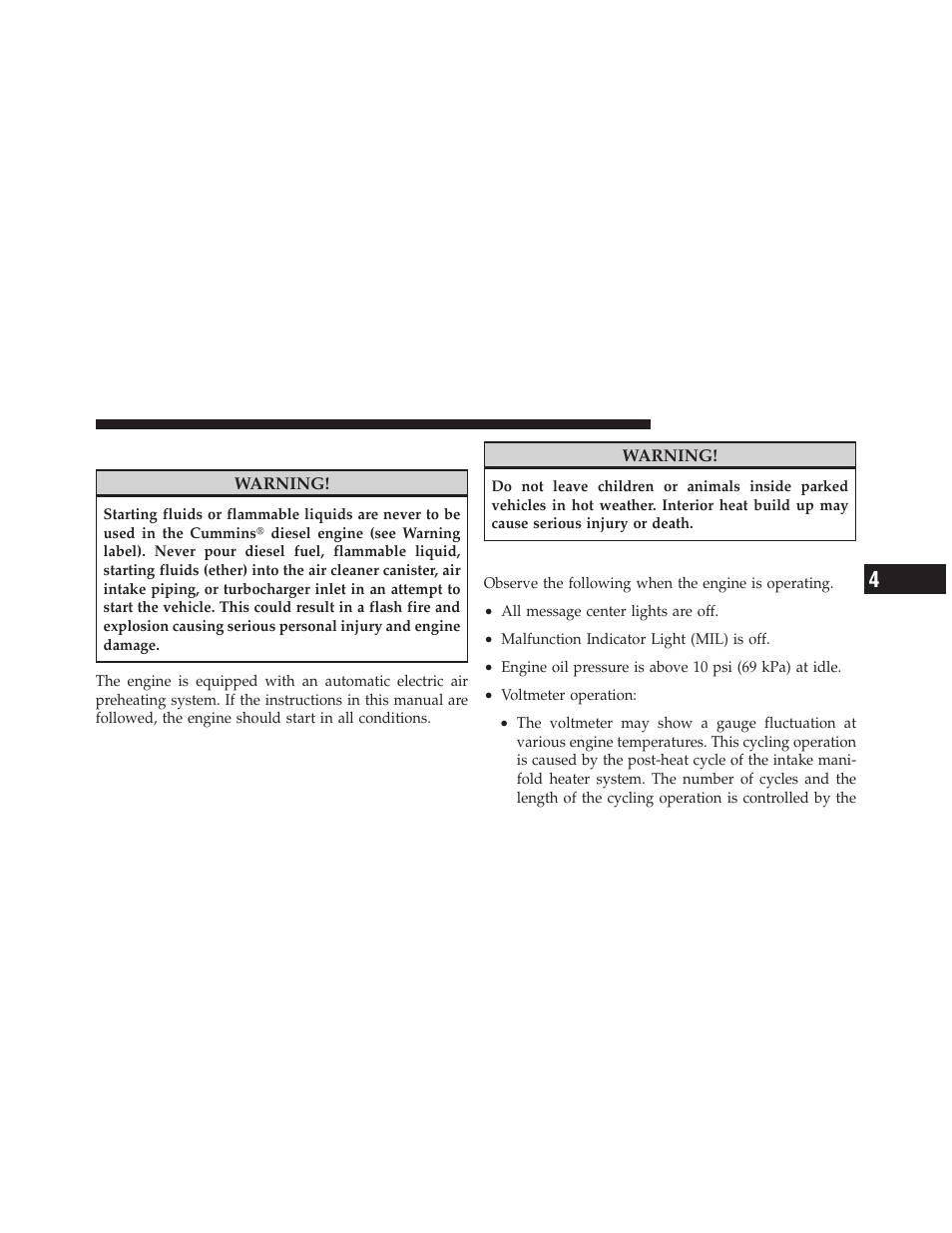 Starting fluids, Normal operation – diesel engine | Dodge 2011 Ram Diesel User Manual | Page 53 / 174