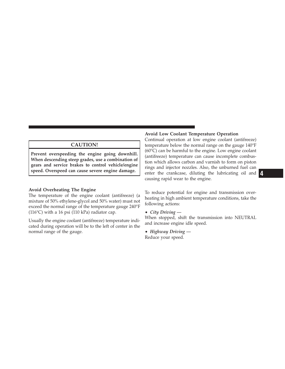 Engine speed control, Operating precautions, Cooling system tips – automatic transmission | Cooling system tips – automatic, Transmission | Dodge 2011 Ram Diesel User Manual | Page 59 / 174