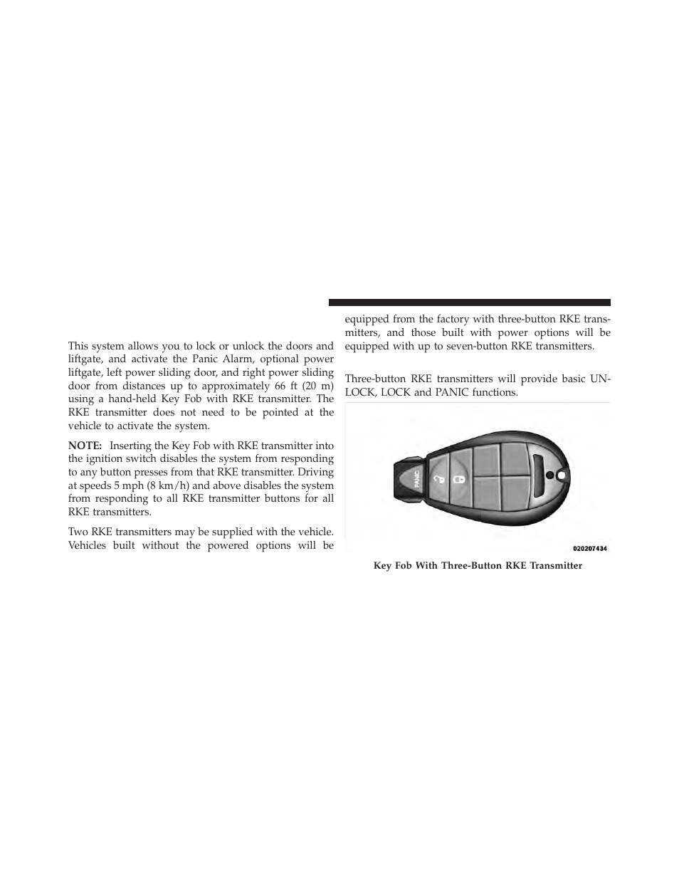 Remote keyless entry (rke) — if equipped, Using the rke transmitter | Dodge 2011 Grand Caravan User Manual | Page 22 / 562