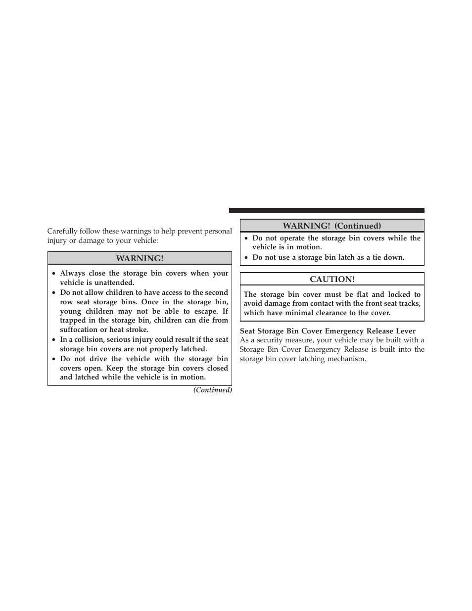 Storage bin safety warning | Dodge 2011 Grand Caravan User Manual | Page 224 / 562
