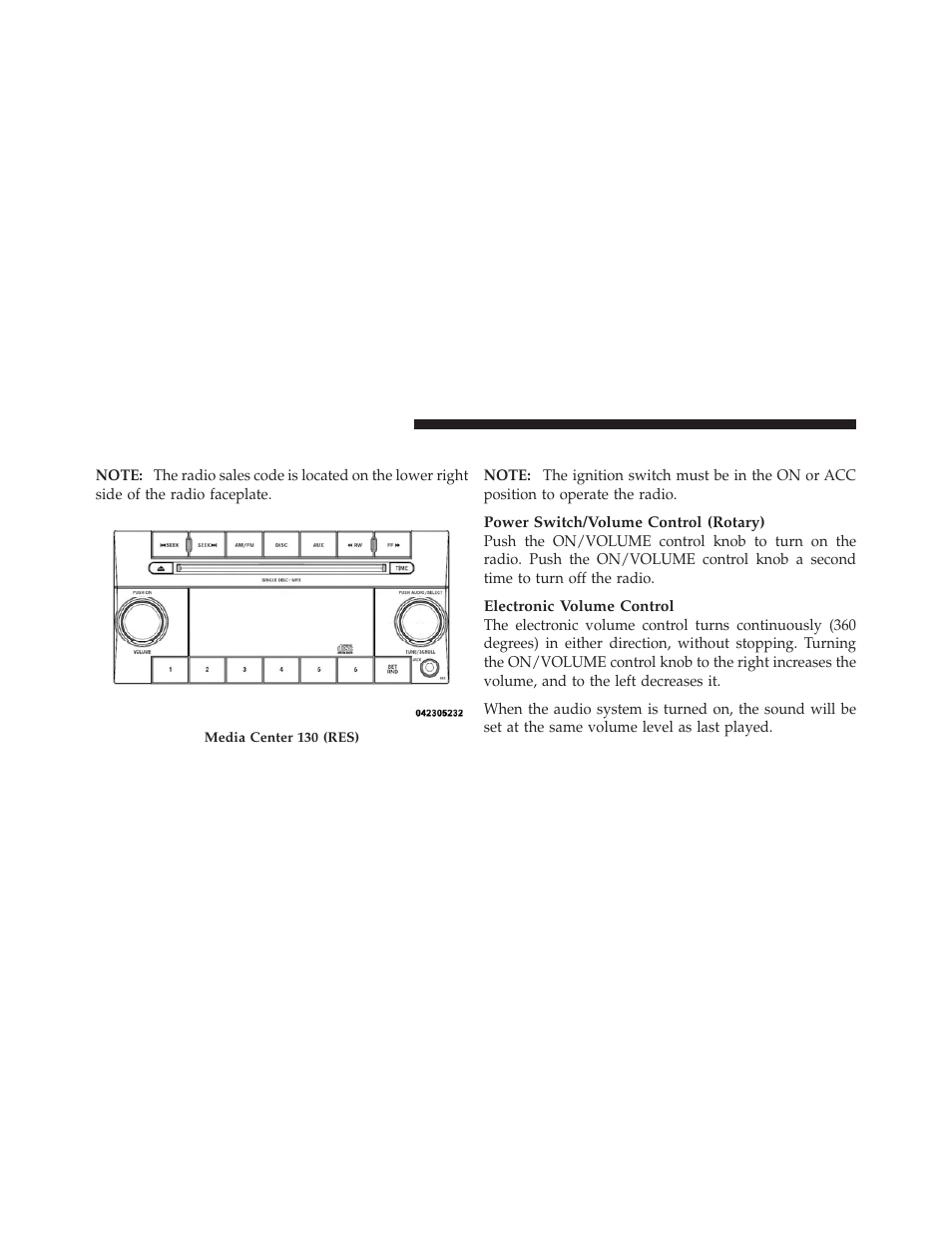 Media center 130 (sales code res), Operating instructions — radio mode | Dodge 2011 Grand Caravan User Manual | Page 288 / 562