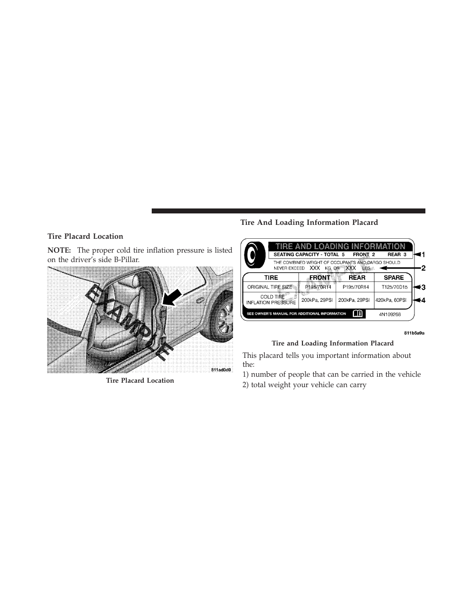 Tire loading and tire pressure | Dodge 2011 Grand Caravan User Manual | Page 384 / 562