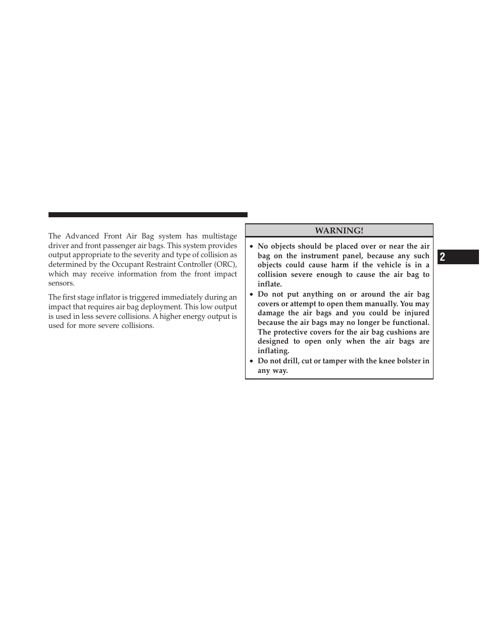 Advanced front air bag features | Dodge 2011 Grand Caravan User Manual | Page 77 / 562