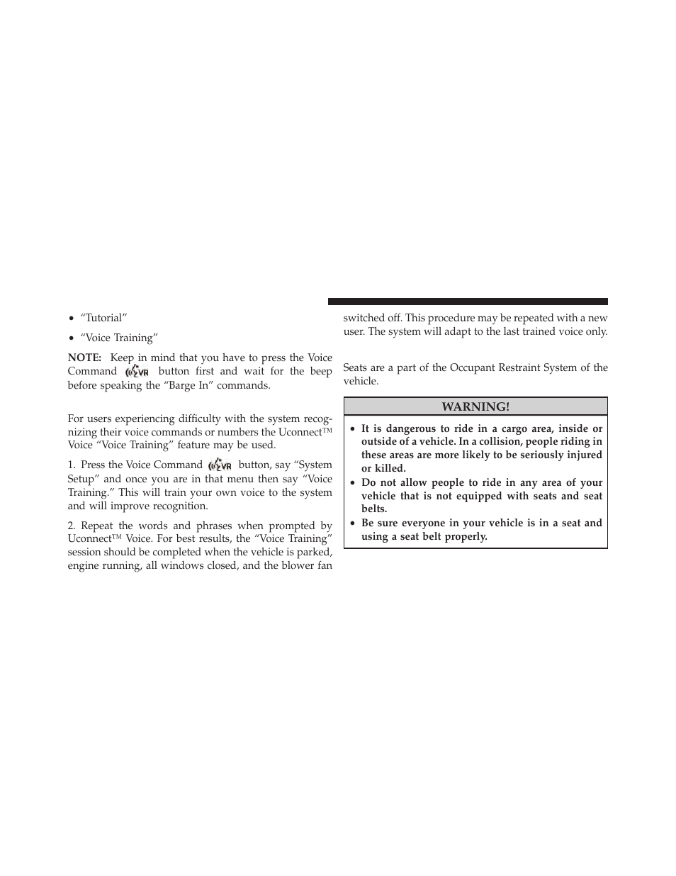 Voice training, Seats | Dodge 2011 Dakota User Manual | Page 126 / 456