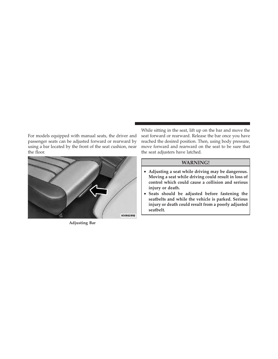 Manual seat adjustment | Dodge 2011 Dakota User Manual | Page 130 / 456