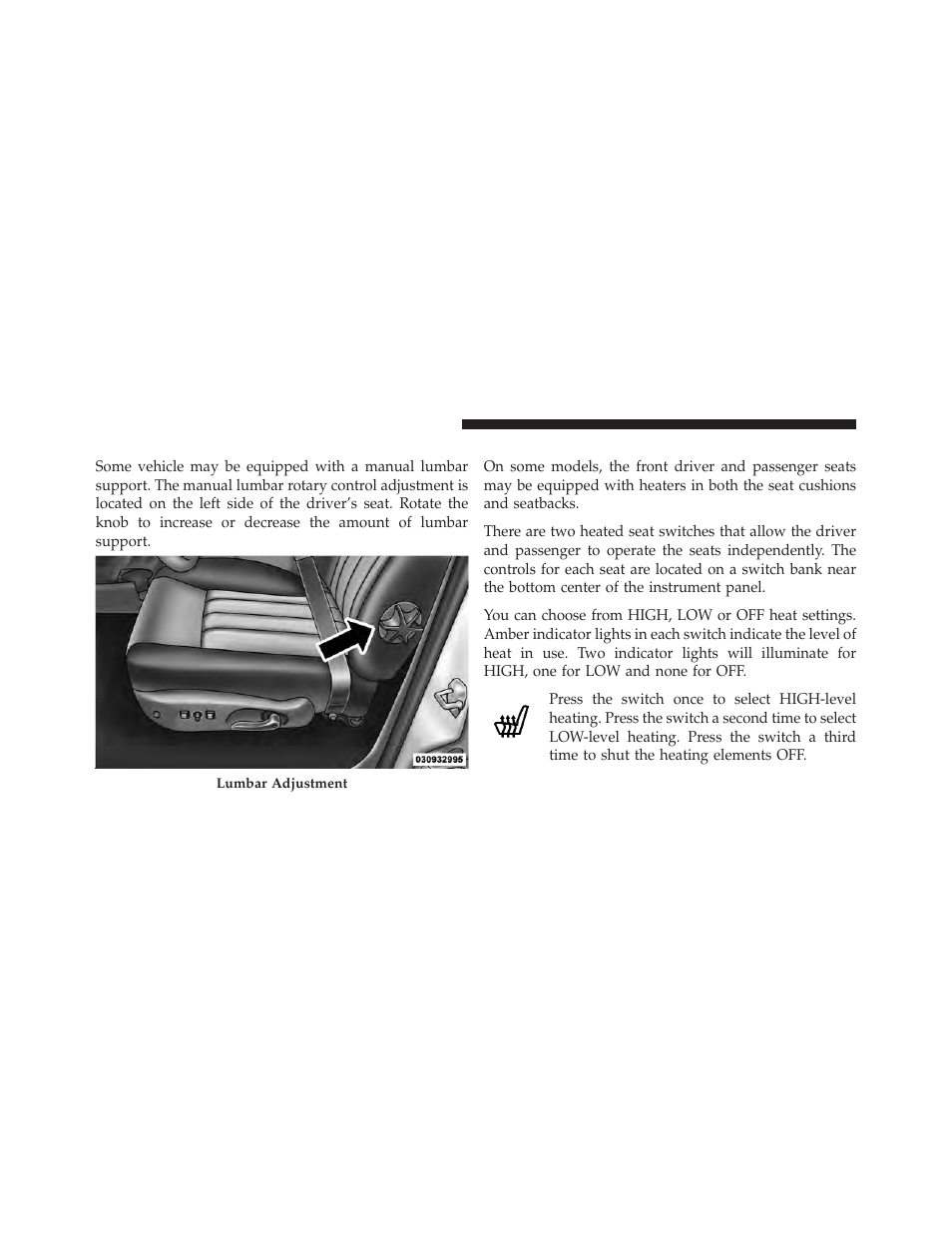 Manual lumbar — if equipped, Heated seats — if equipped | Dodge 2011 Dakota User Manual | Page 132 / 456