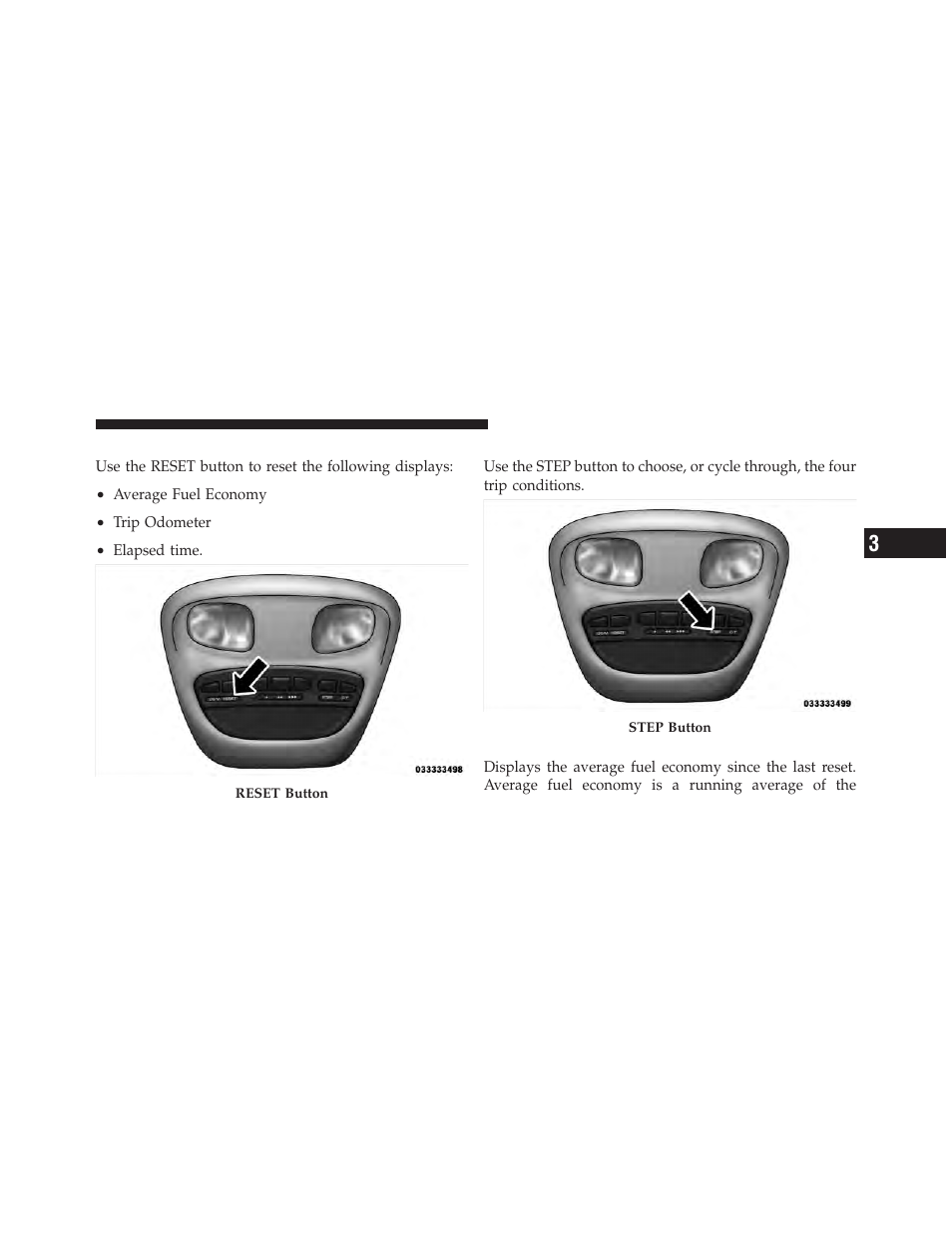 Reset button, Step button, Average fuel economy (avg eco) | Dodge 2011 Dakota User Manual | Page 151 / 456