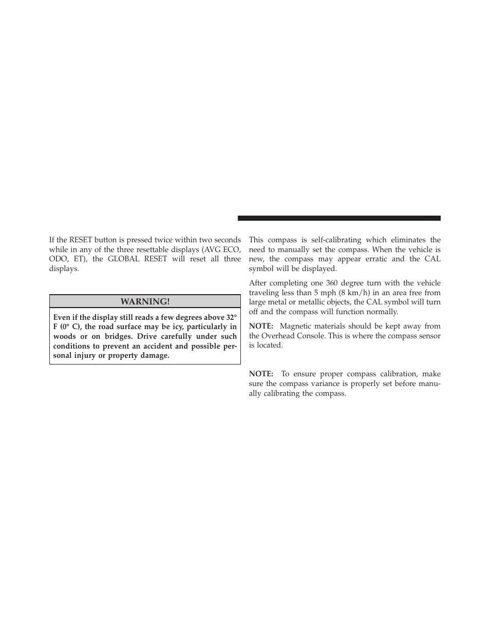 Global reset, Compass/temperature display, Automatic compass calibration | Manual compass calibration | Dodge 2011 Dakota User Manual | Page 154 / 456