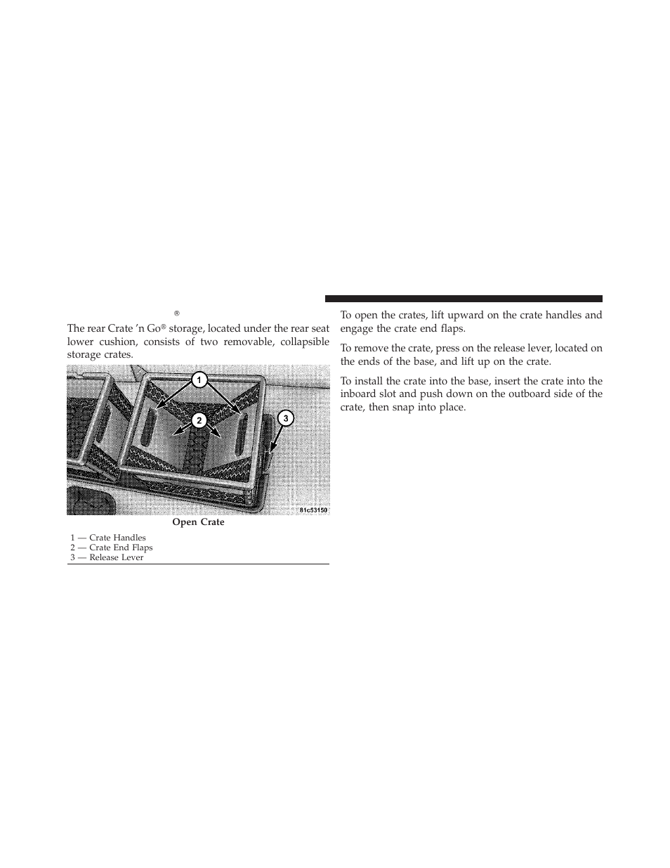 Rear crate 'n goĥ storage — if equipped, Rear crate ’n go௡ storage — if equipped | Dodge 2011 Dakota User Manual | Page 166 / 456