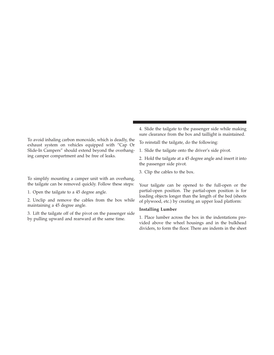 Tailgate, Tailgate removal, Two-position tailgate/upper load platform | Carbon monoxide warning-vehicles, Equipped with a cap or slide-in campers, Two-position tailgate/upper load, Platform | Dodge 2011 Dakota User Manual | Page 174 / 456