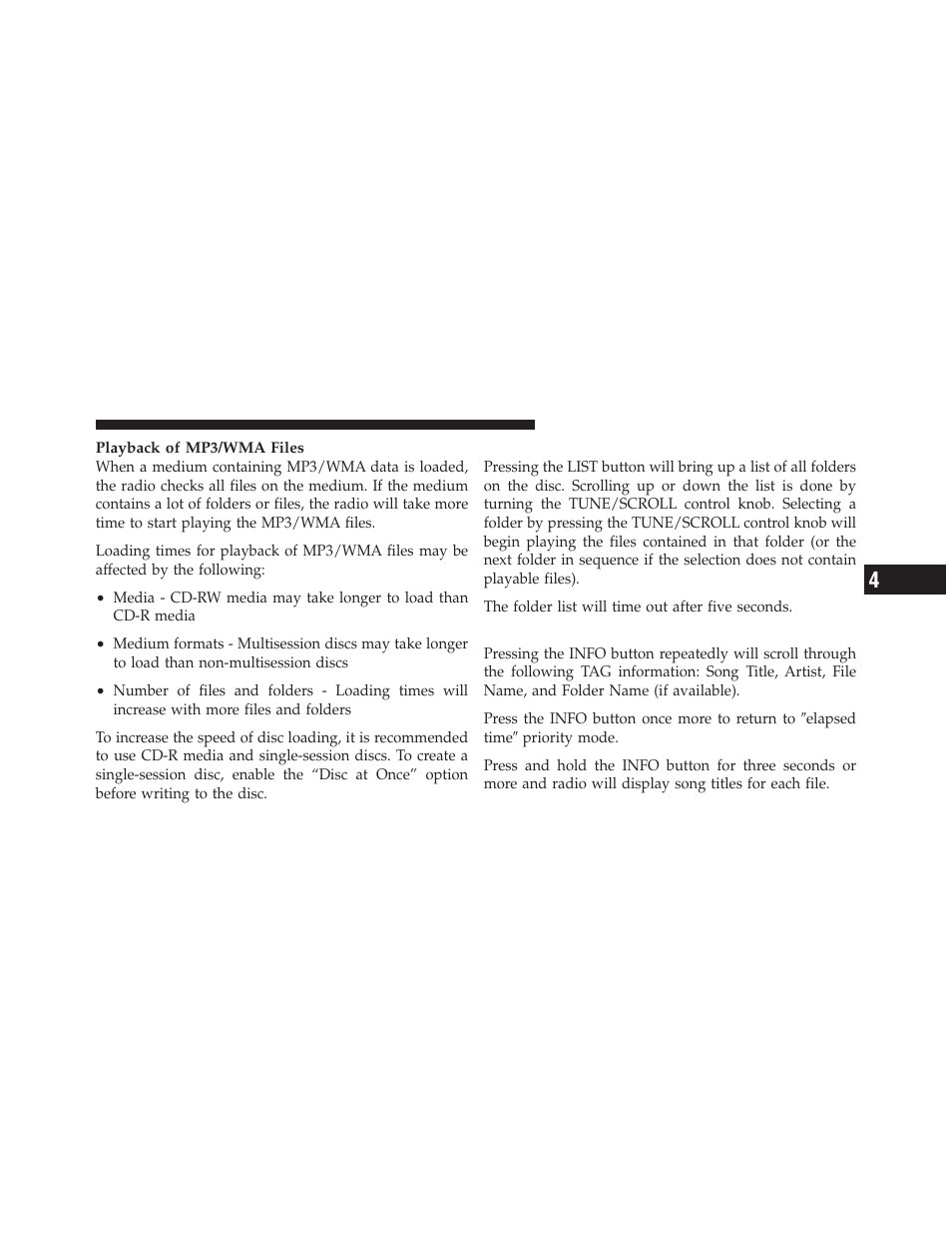 List button (disc mode for mp3/wma play), Info button (disc mode for mp3/wma play), List button | Disc mode for mp3/wma play), Info button (disc mode for mp3/wma, Play) | Dodge 2011 Dakota User Manual | Page 207 / 456